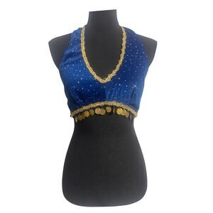 Sexy Blue & Gold Size XS S M L  Belly Dancer Costume Halter Bra Glitter Coin Top